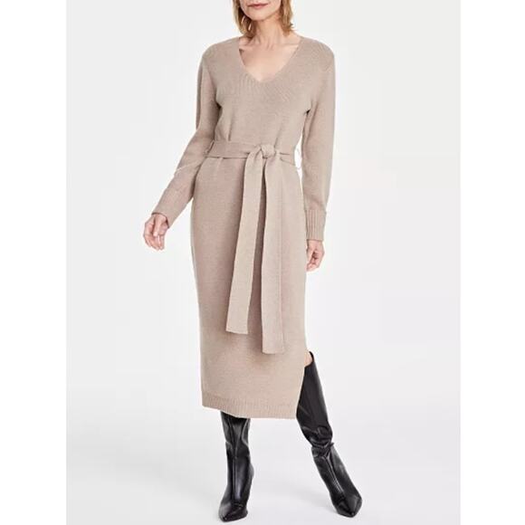 INC International Concepts Midi Dress Womens XXL Beige Belted V-Neck Sweater - Picture 1 of 13